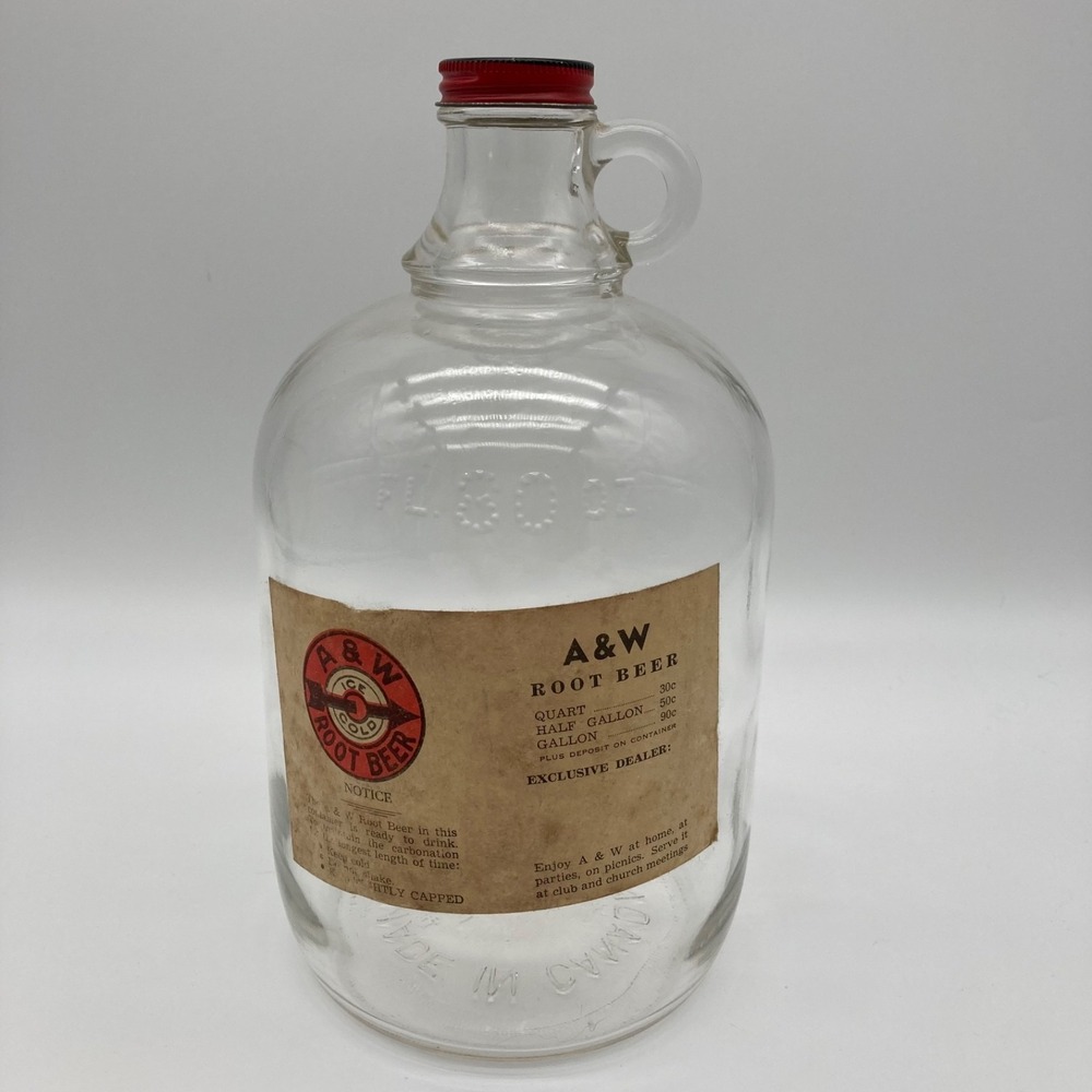 Vintage A&W Root Beer Clear Glass Jug 80 oz Paper Label Metal Cap Made in Canada
